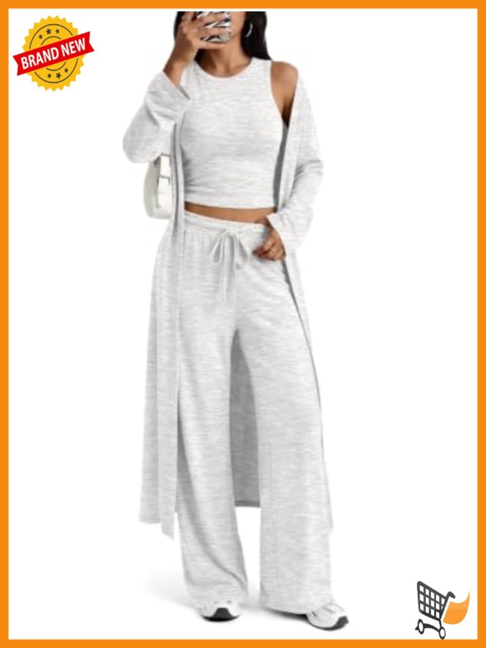 3 Piece Lounge Set Crop Tank Wide Leg Pants Duster Cardigan Travel Outfit
